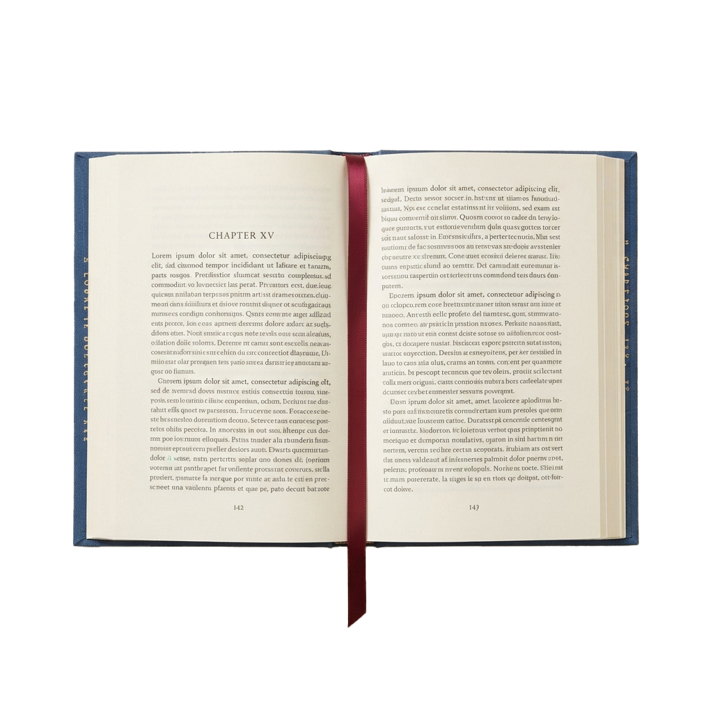 An open vintage book displaying Latin text on both pages with a bookmark ribbon.