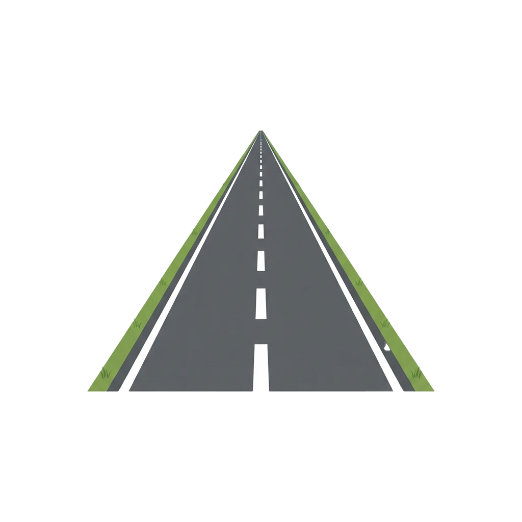 A 3D triangular road with dashed white center line extending toward a vanishing point