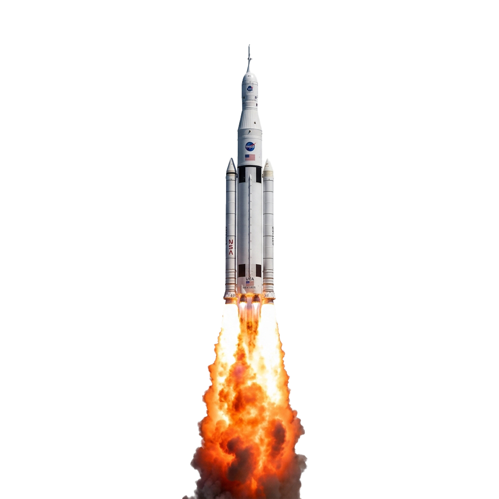 A rocket launching into space with bright orange flames and a glowing exhaust trail.