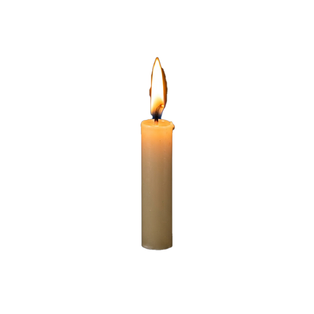 A single candle with a lit flame standing upright against a black background
