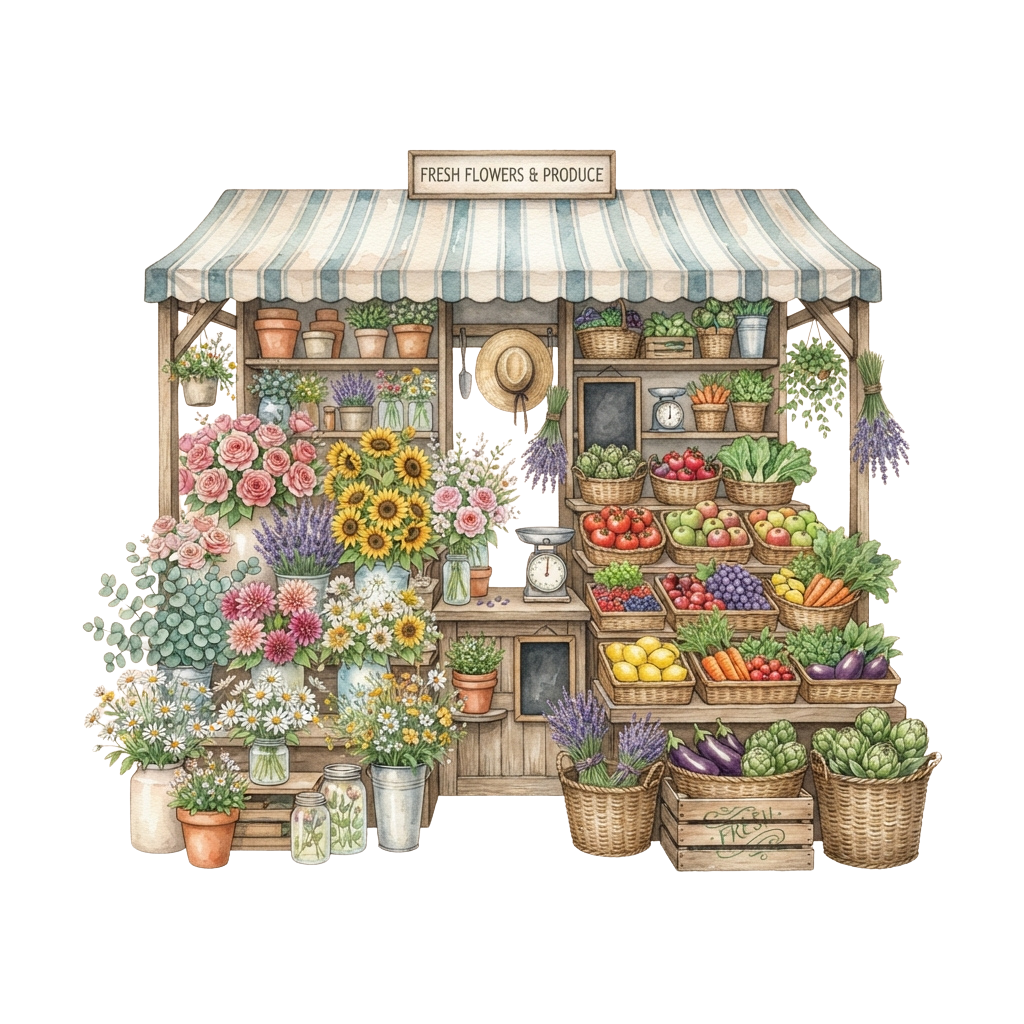 Illustration of a rustic market stall displaying fresh flowers and produce under a striped awning