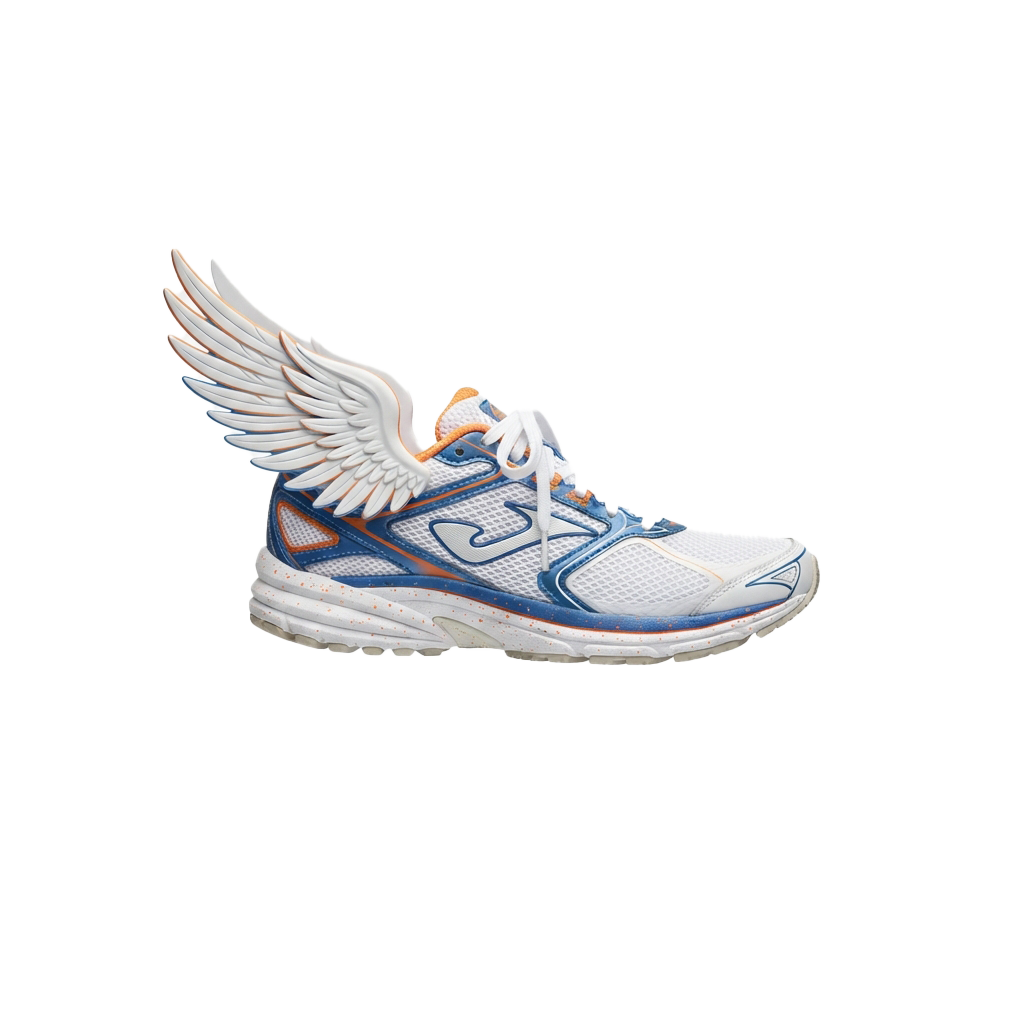 White athletic running shoe featuring a decorative angel wing on the heel