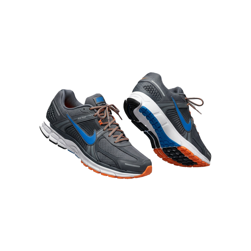 Pair of gray athletic running shoes with blue and orange accents shown from the side and front