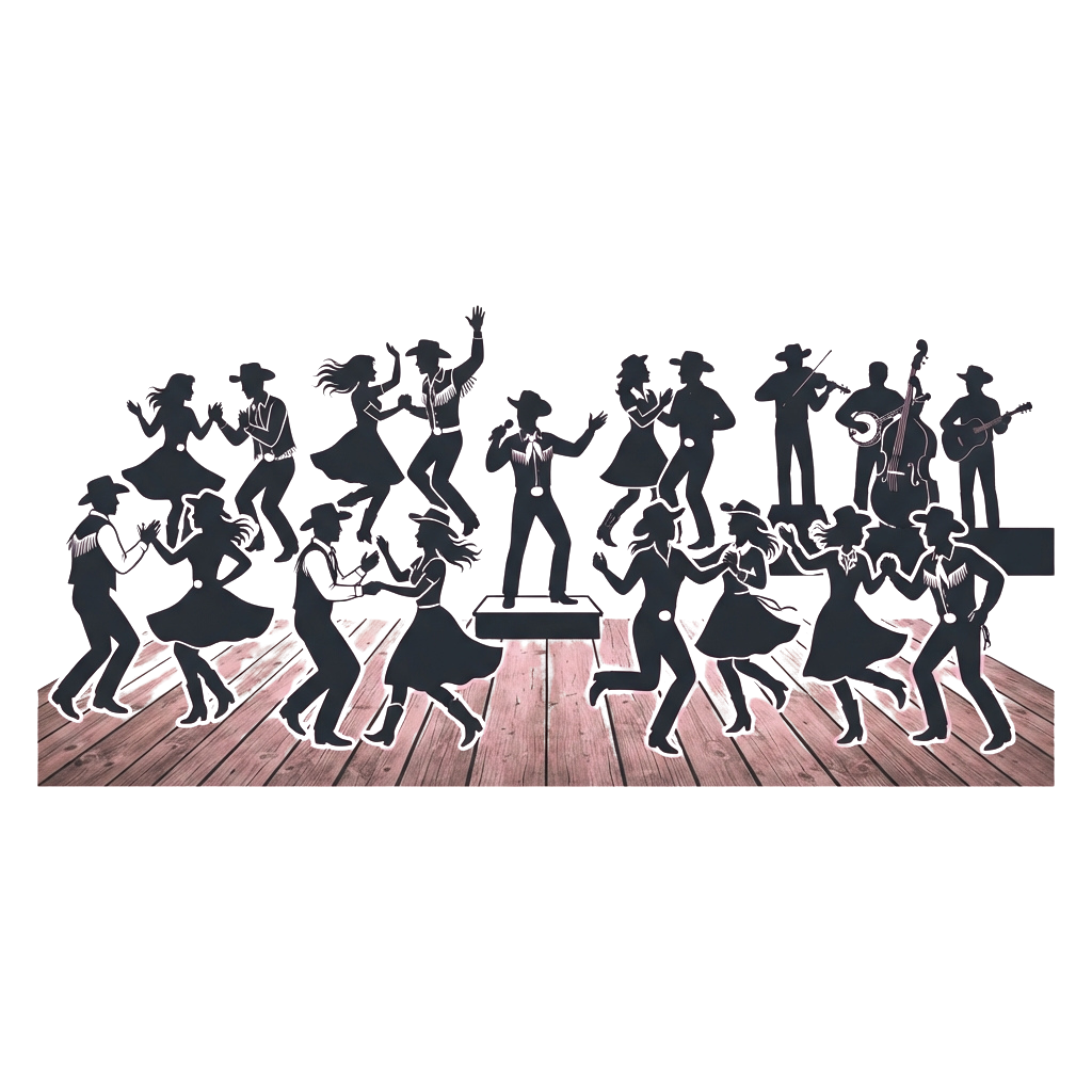Group of silhouetted dancers and musicians performing on a wooden stage under dark lighting