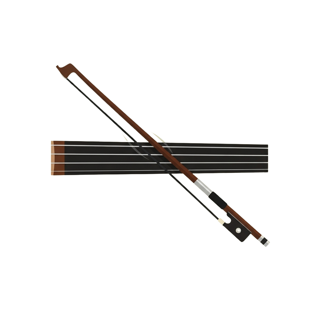 A violin bow resting diagonally across a closed violin case on a black background