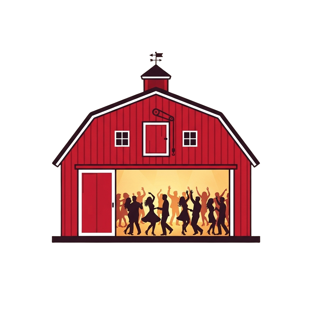 Illustration of a red barn with silhouettes of people dancing inside an open doorway