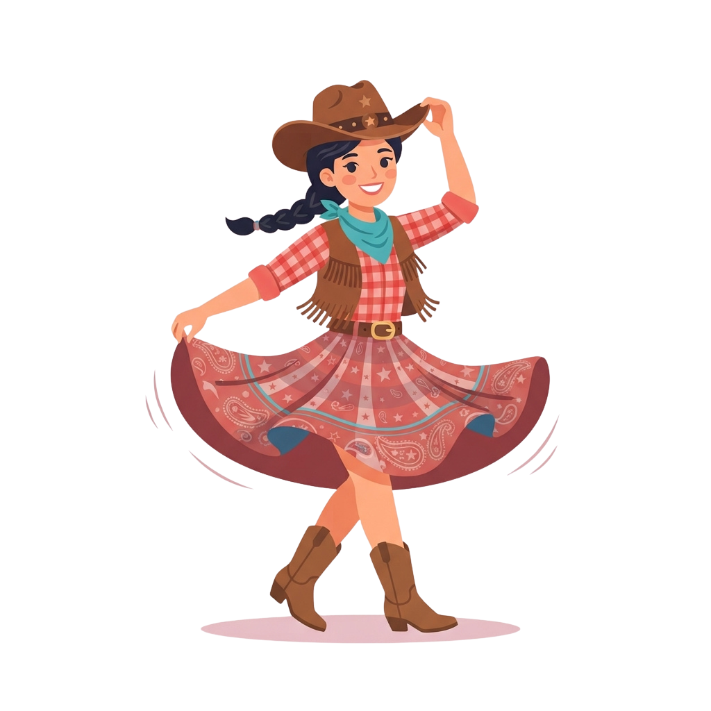 A smiling woman in a cowgirl outfit dancing with one hand on her hat and skirt flared out