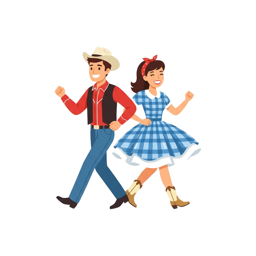 Illustration of a man and woman dancing in traditional folk attire with joyful expressions