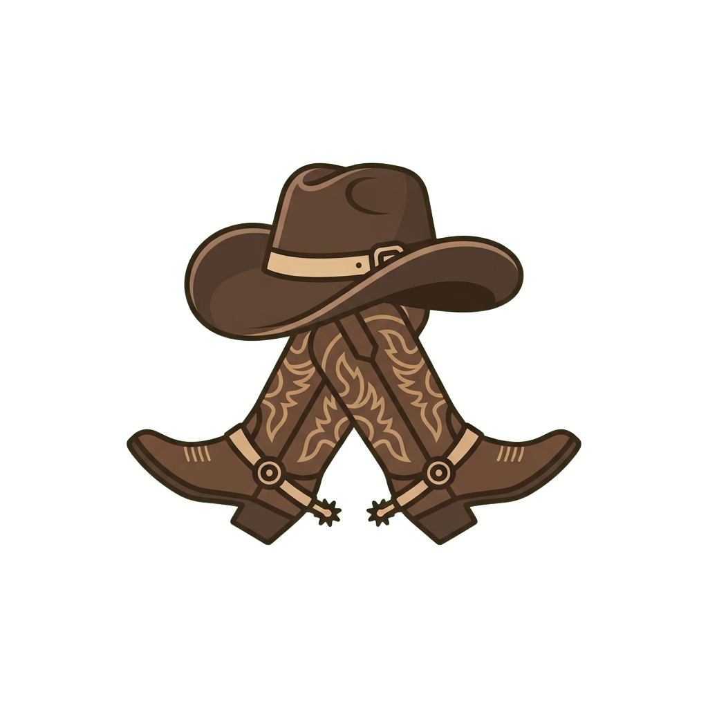 Illustration of a cowboy hat placed atop a pair of intricately designed boots with spurs