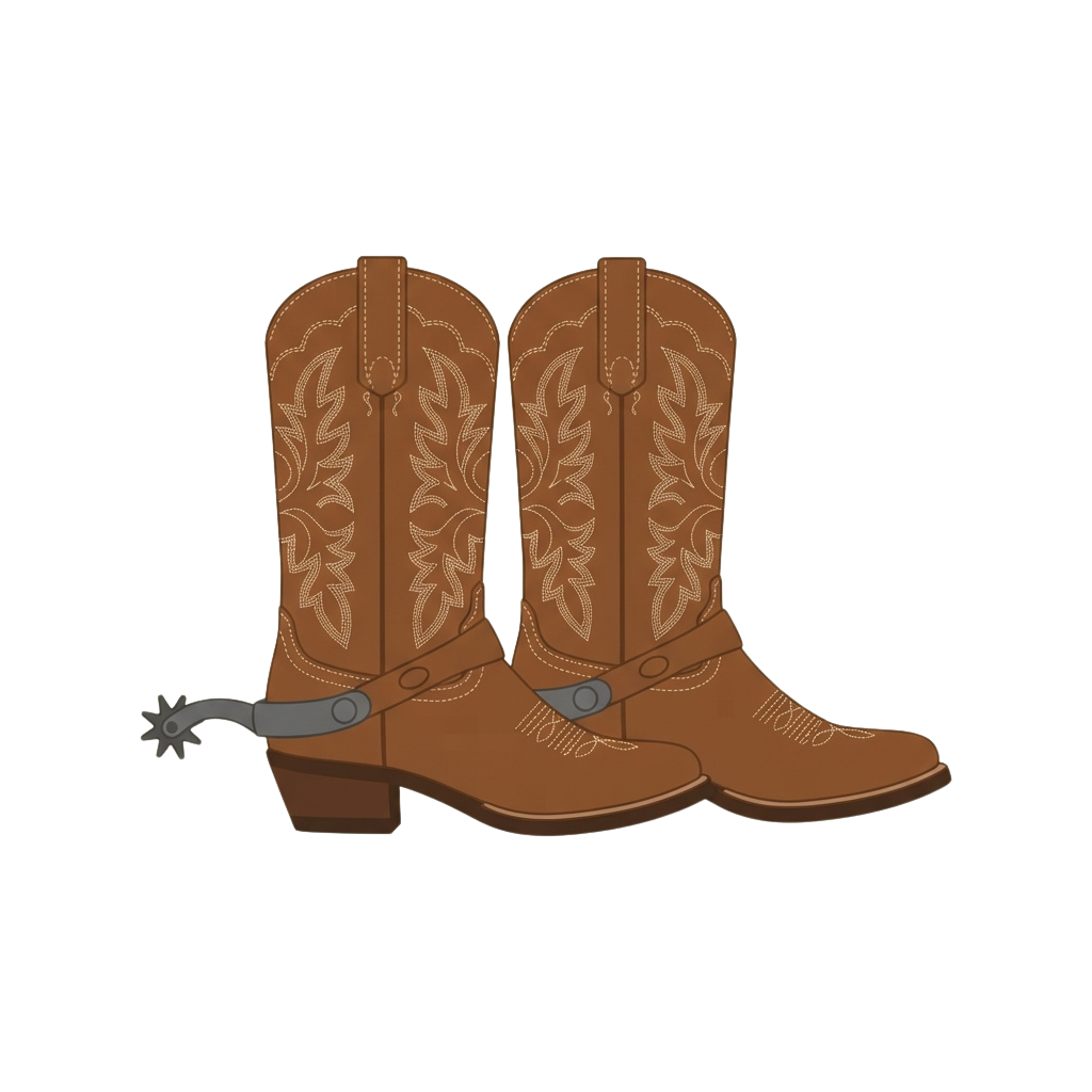 Pair of brown cowboy boots featuring floral embroidery and a spur attached to the left boot heel
