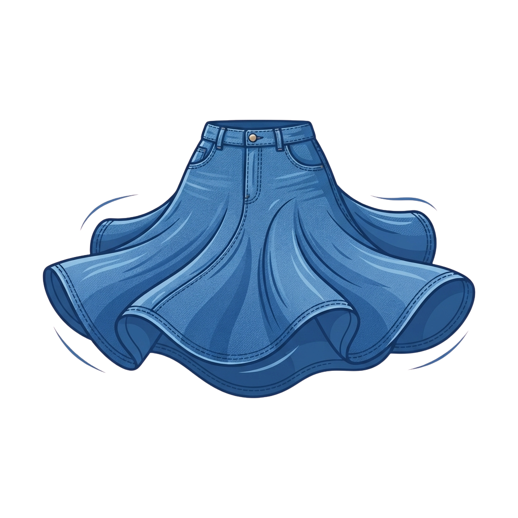 Illustration of a flared blue denim skirt with a high waist and button closure
