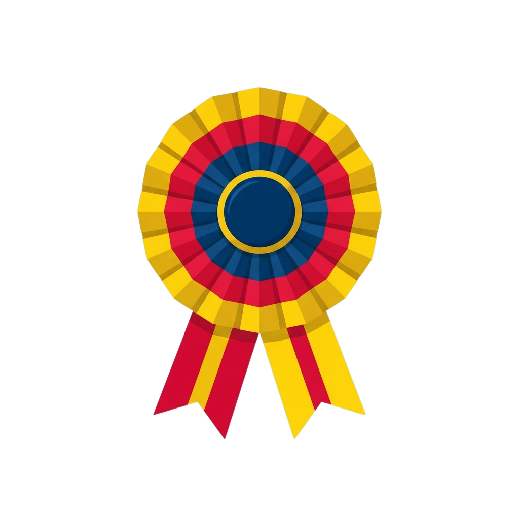 A circular medal with blue center ring, red middle ring, and yellow outer ring with a yellow and red striped ribbon