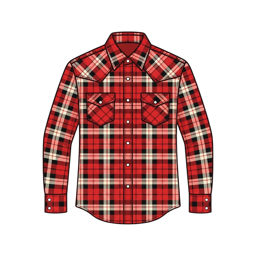 Long sleeve plaid shirt with red, black, and white checkered pattern