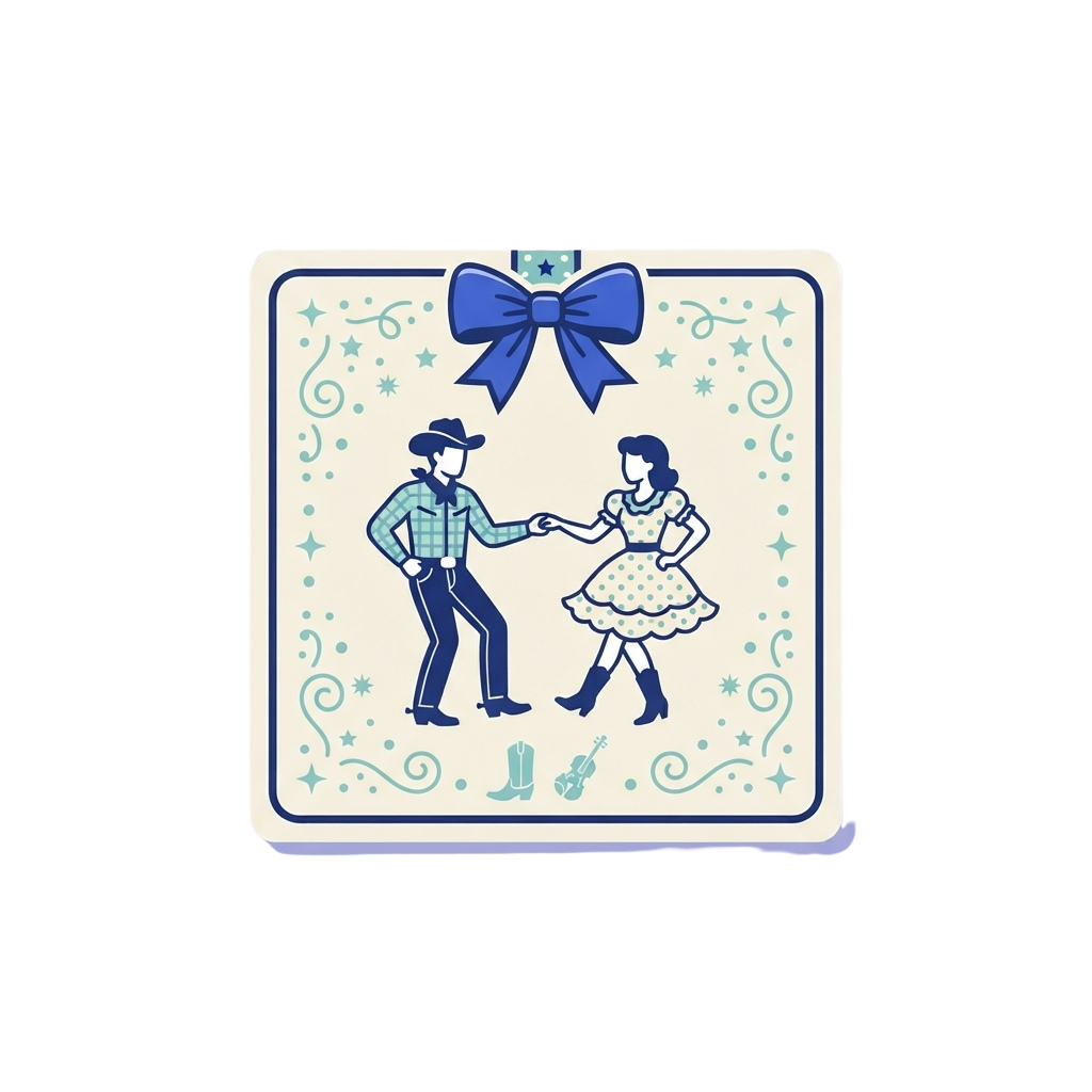 Illustration of a cowboy and cowgirl dancing together with a decorative blue bow on top
