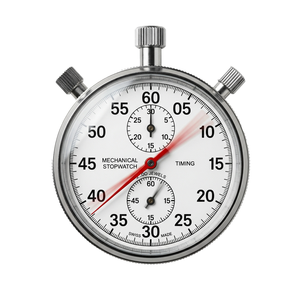 Mechanical stopwatch with three dials and a red sweeping second hand timer at 40 seconds