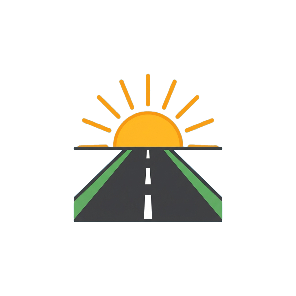 A stylized illustration of a sun rising behind a road with dashed white center line and green shoulders