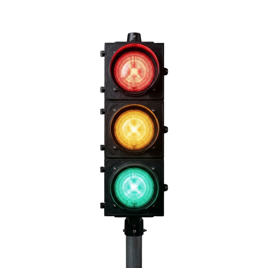 Three illuminated traffic light signals showing red at the top, amber in the middle, and green at the bottom
