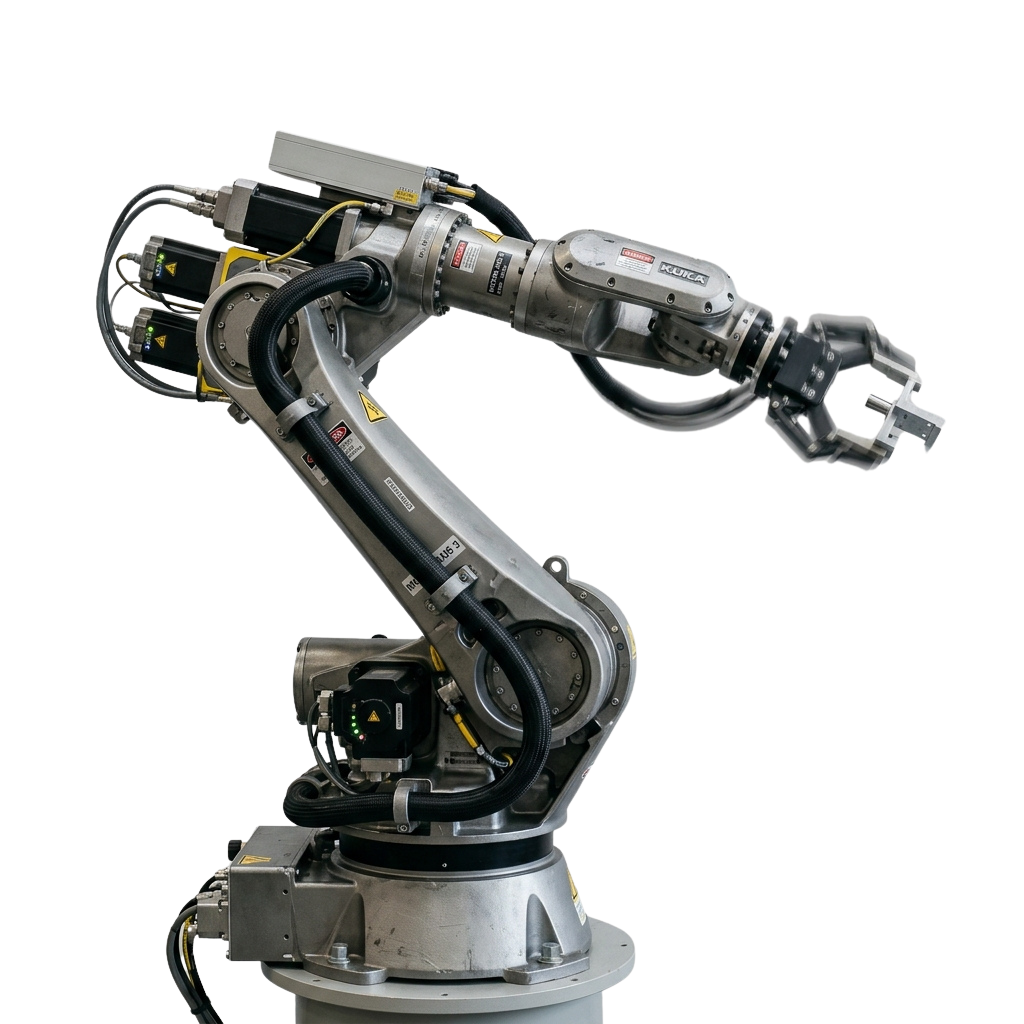 A multi-jointed industrial robotic arm with a mechanical gripper end effector.