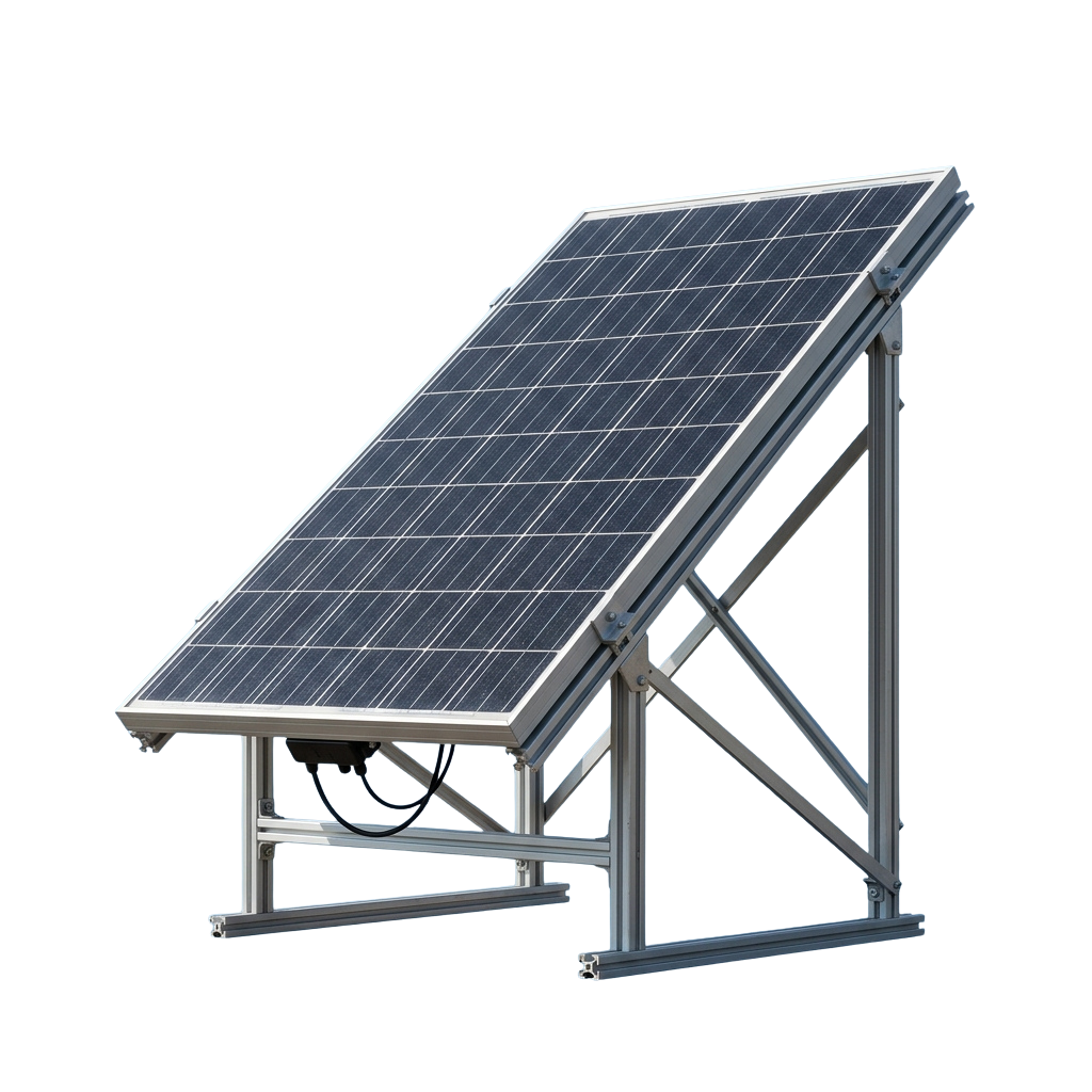 A portable solar panel mounted on an adjustable metal frame with wheels for easy movement