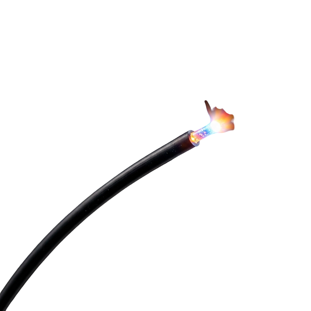 Close-up of a bright orange and blue electric arc spark at the tip of a welding electrode