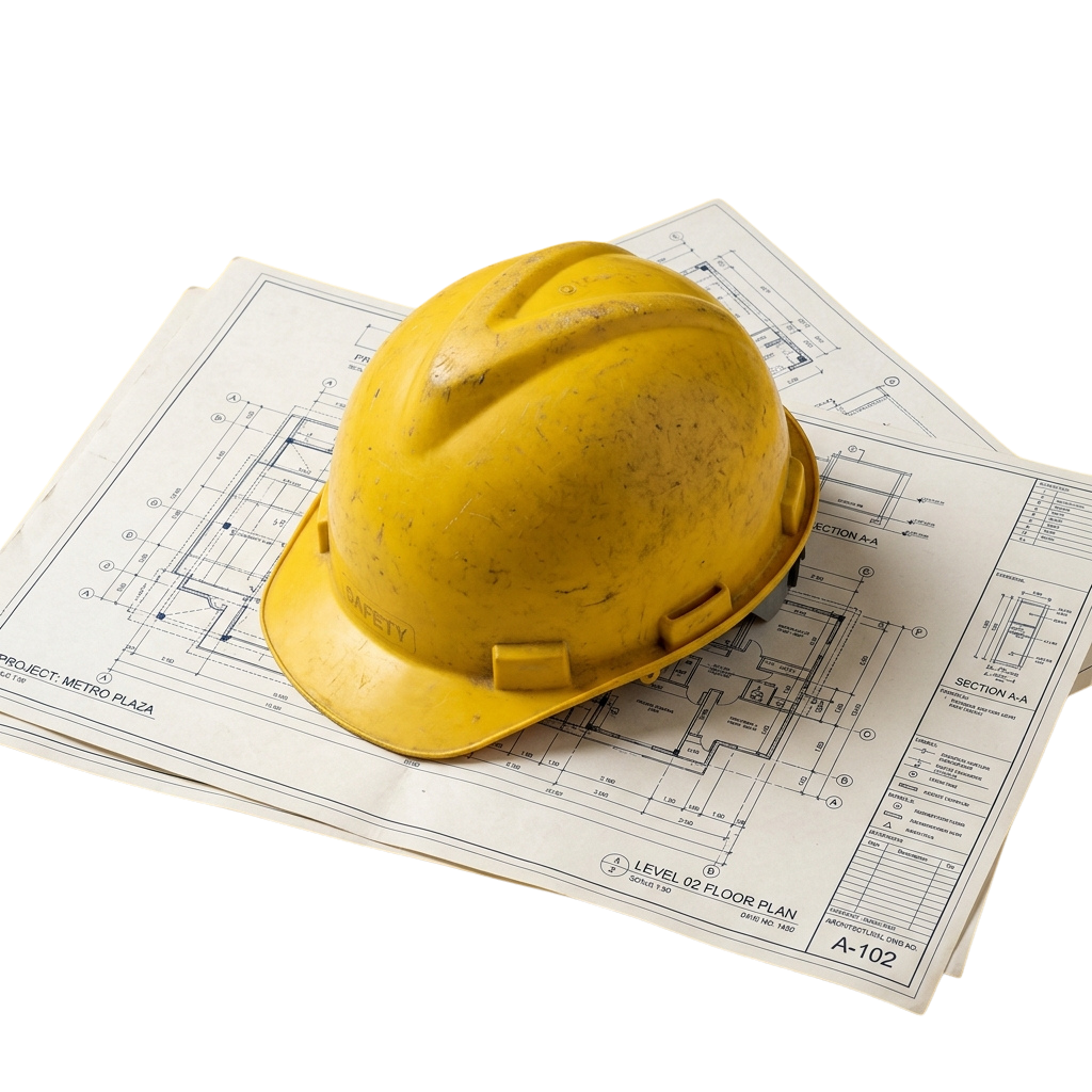 Yellow hard hat placed on top of architectural floor plan drawings