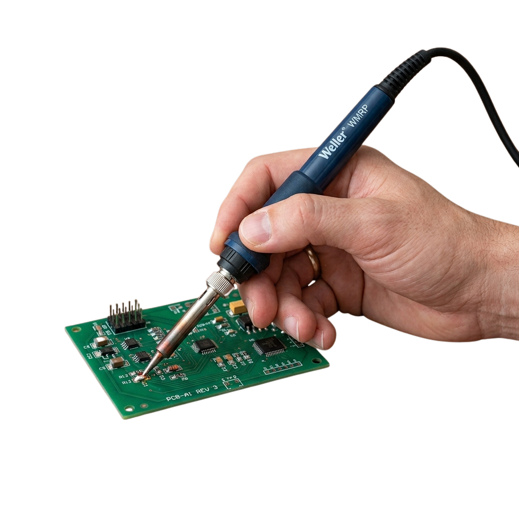 Hand using a soldering iron to work on a green circuit board with components.