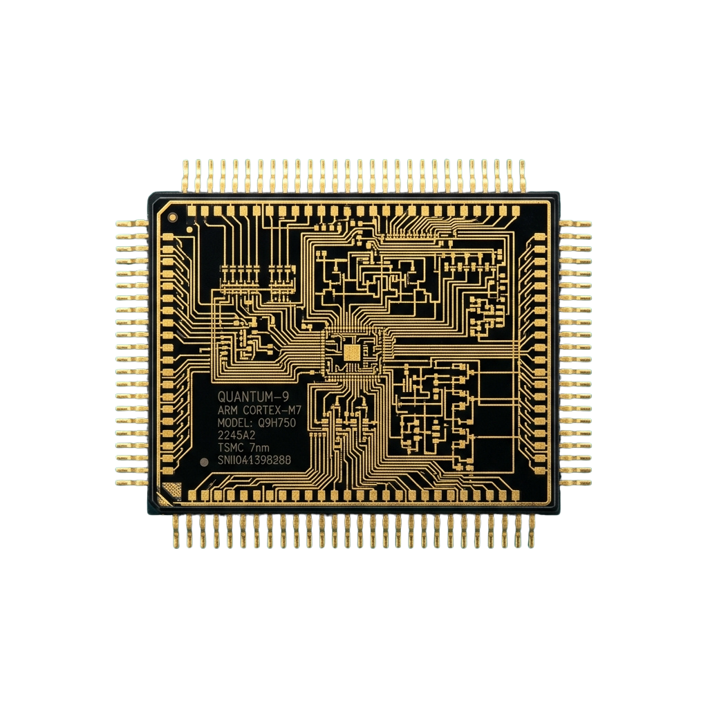 Close-up of a detailed ARM Cortex-M7 processor chip with intricate golden circuitry and pin connectors.