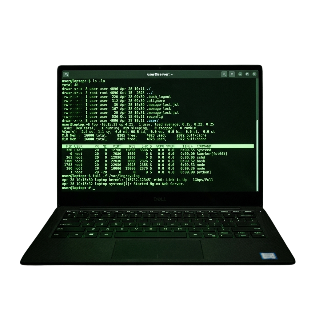 Laptop screen displaying Linux terminal commands like ls, top, and tail with system usage stats