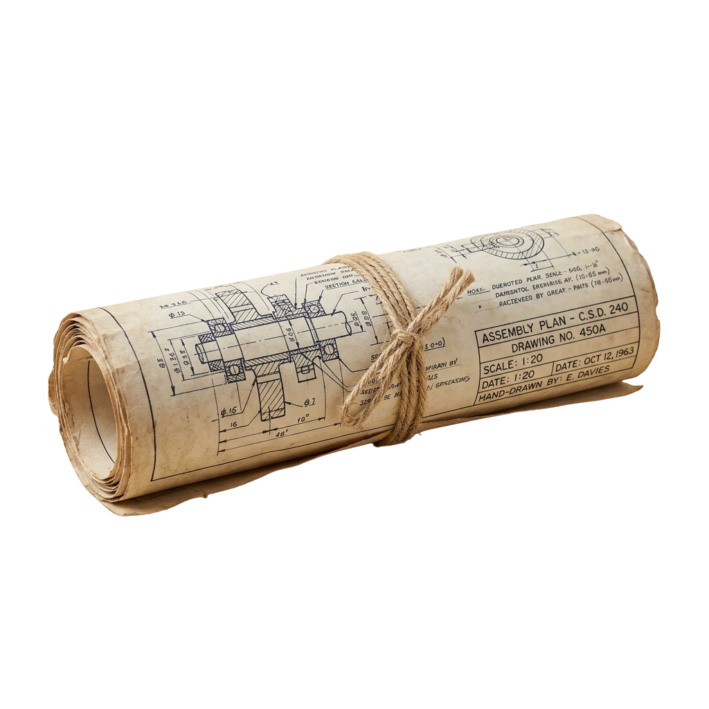 A rolled vintage blueprint showing a detailed technical assembly plan tied with twine.