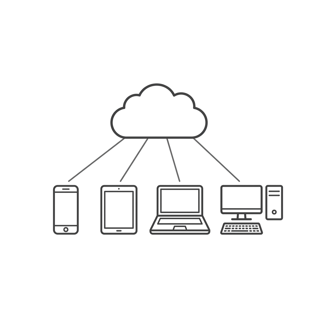 A cloud icon connected to a smartphone, tablet, laptop, desktop, and server