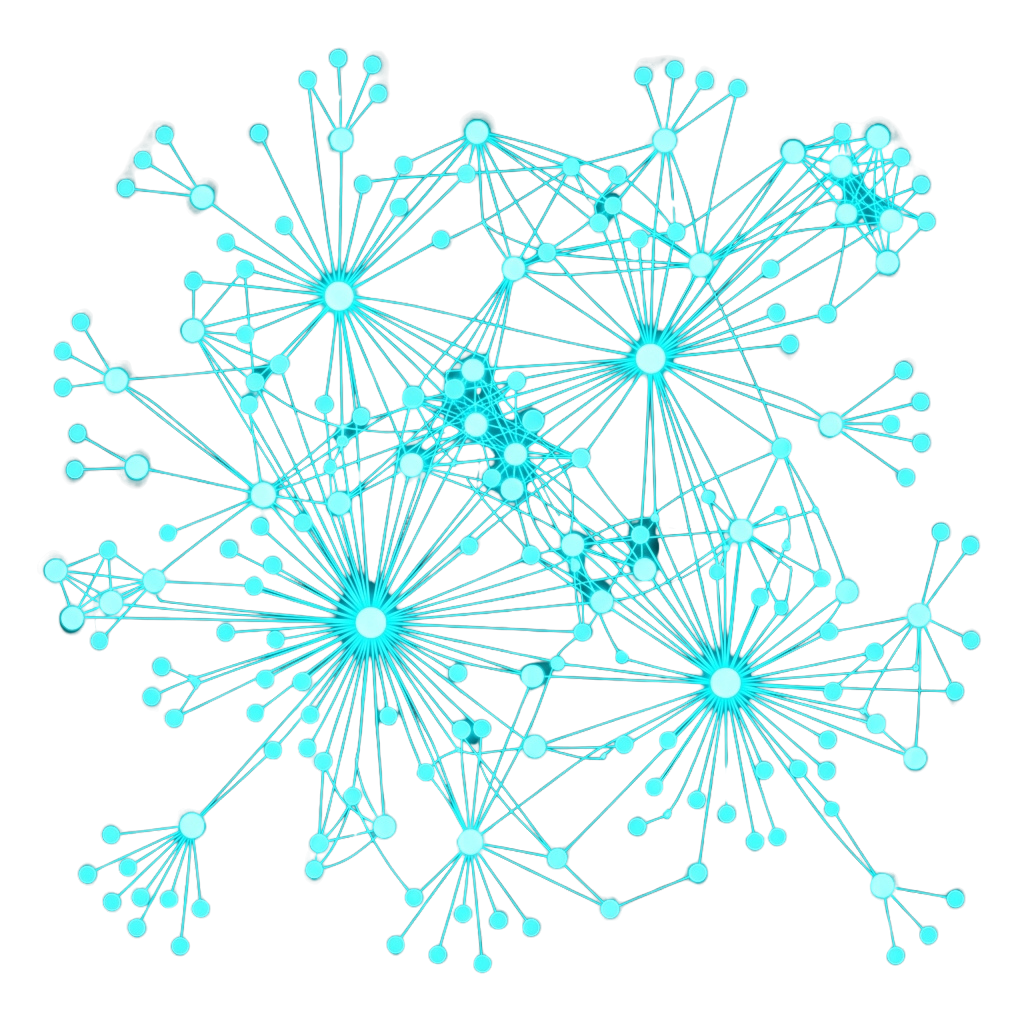 A glowing network of interconnected nodes and lines on a black background