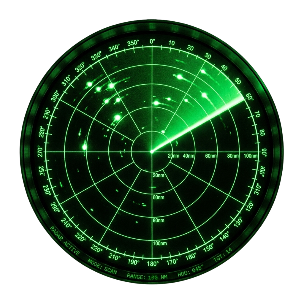 Radar screen displaying multiple bright targets on a circular grid with range markings up to 100 nautical miles