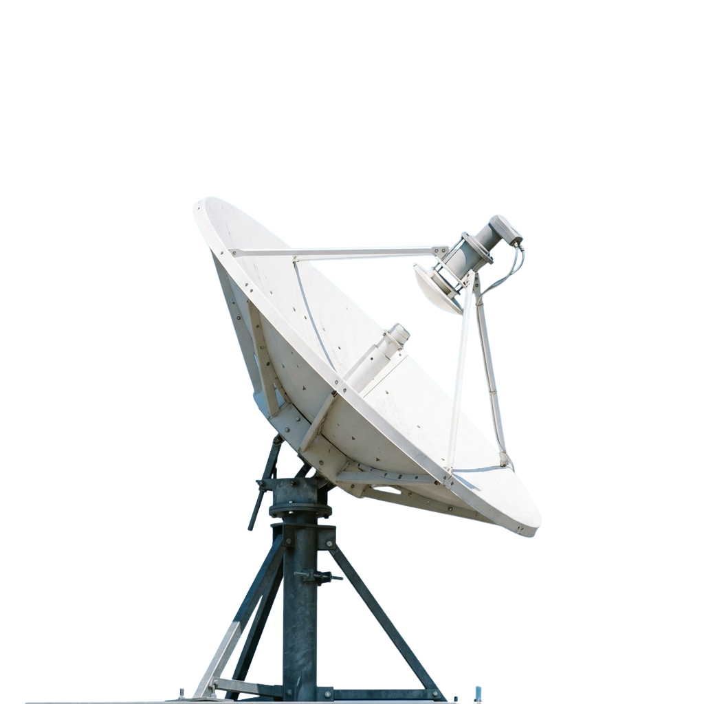 Large white satellite dish mounted on a metal tripod against a black background