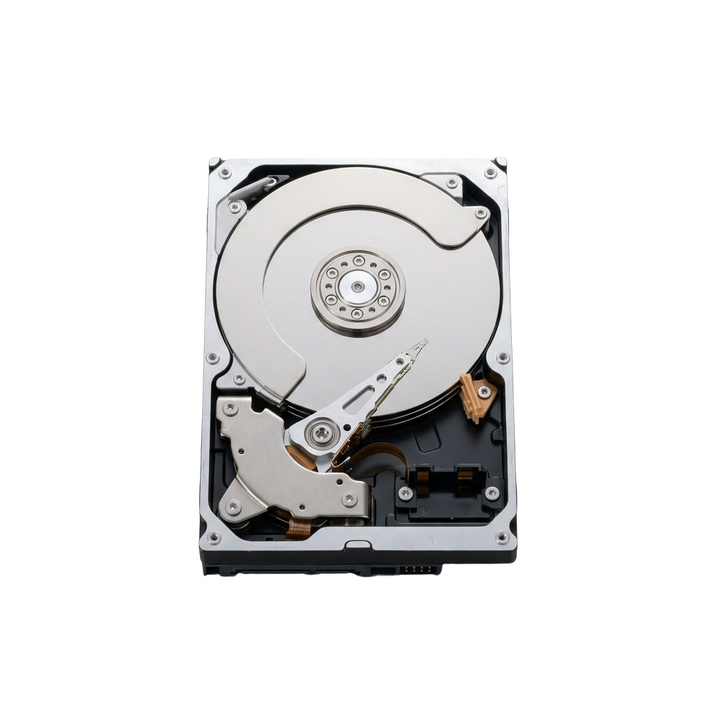 Close-up view of an open hard drive disk showing internal components and platter