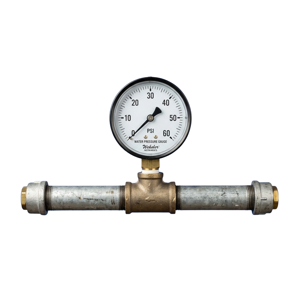 A water pressure gauge with a dial measuring up to 60 PSI, connected to brass pipe fittings.