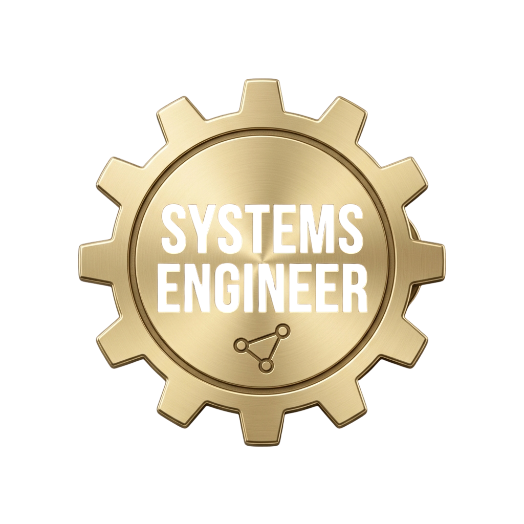 Gold-colored gear-shaped badge with Systems Engineer text and network icon