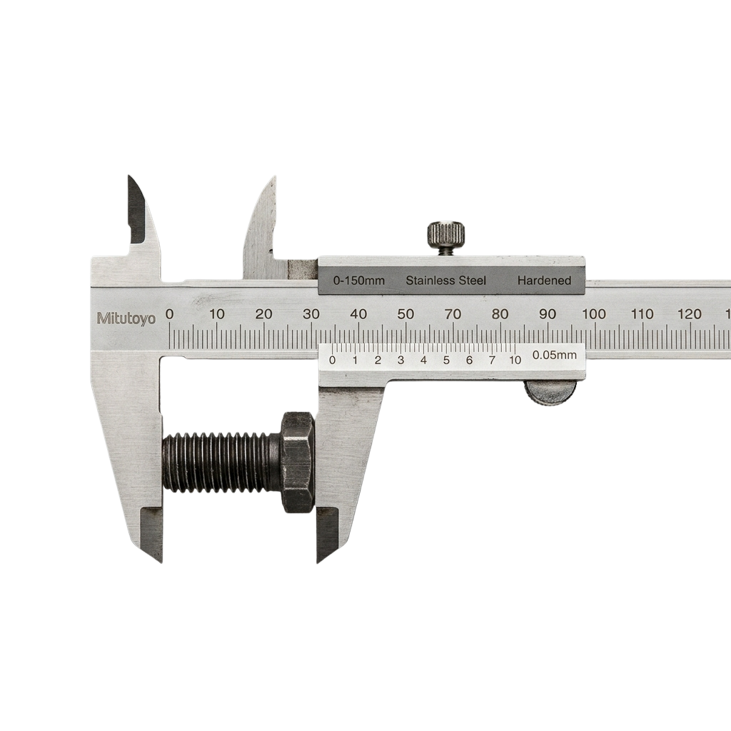 Close-up of a stainless steel digital caliper measuring a threaded bolt.