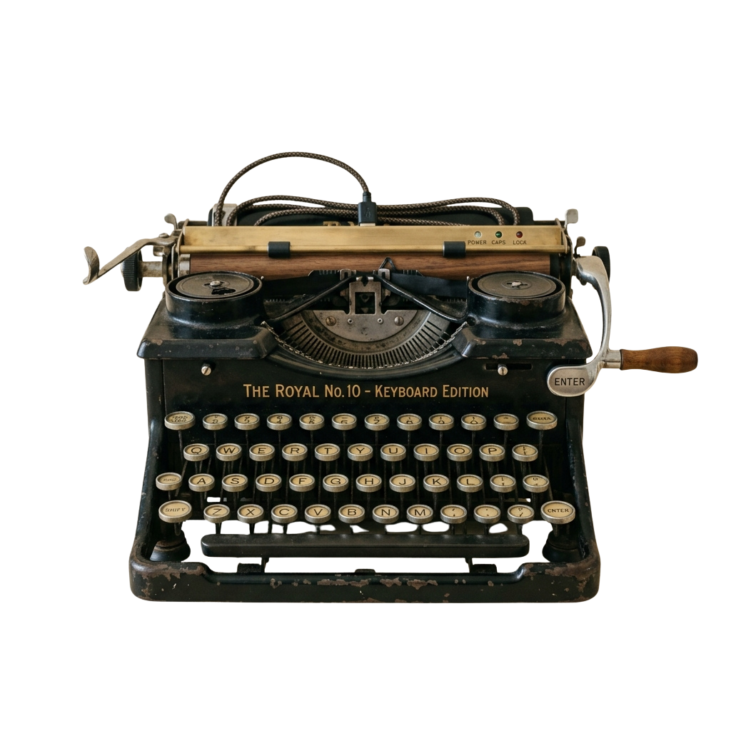 Close-up of an old-fashioned Royal typewriter with a QWERTY keyboard and wooden handle levers