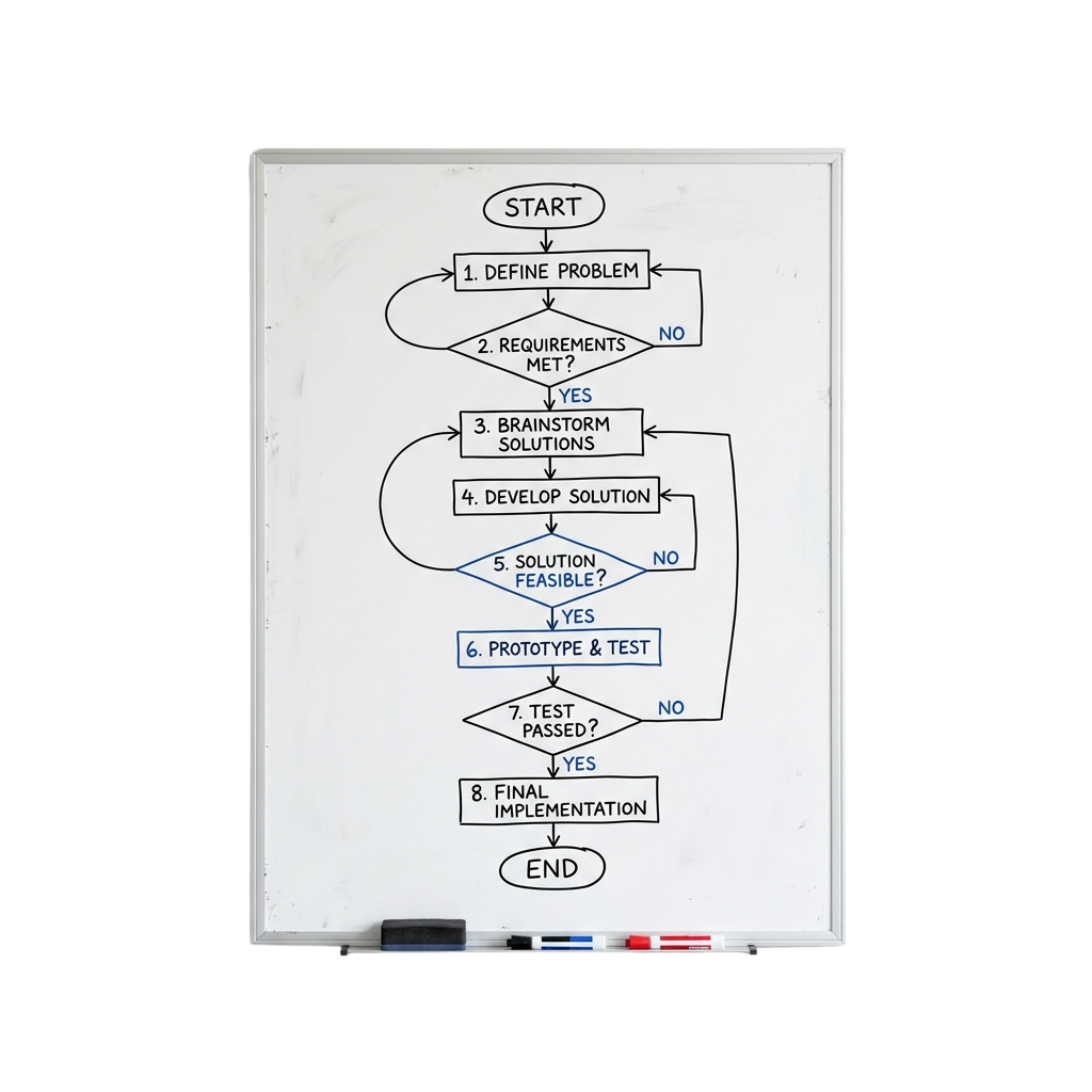 A hand-drawn flowchart illustrating an eight-step problem-solving process with decision points and iterative loops