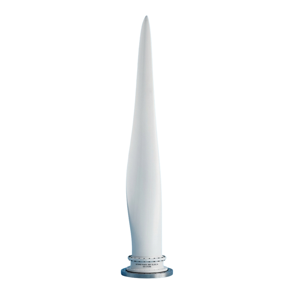 A sleek white spire sculpture mounted on a circular metallic base against a black background