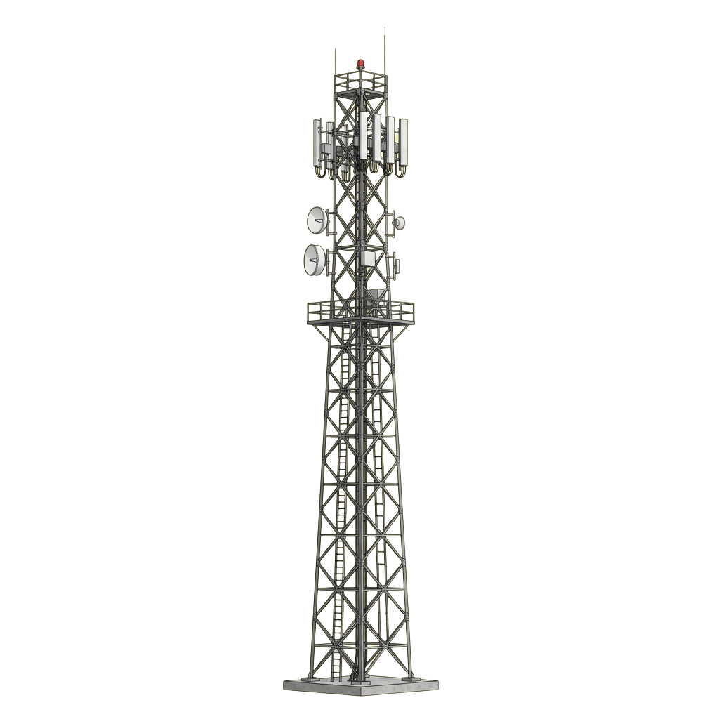 A tall metal lattice tower with multiple antennas and floodlights for communication signal transmission