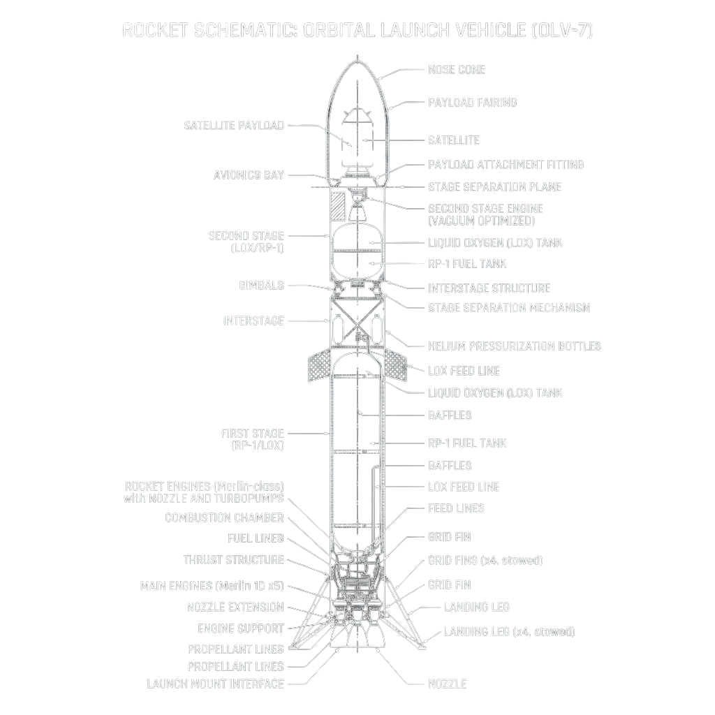 Black and white labeled diagram of an orbital launch vehicle showing internal components and structure