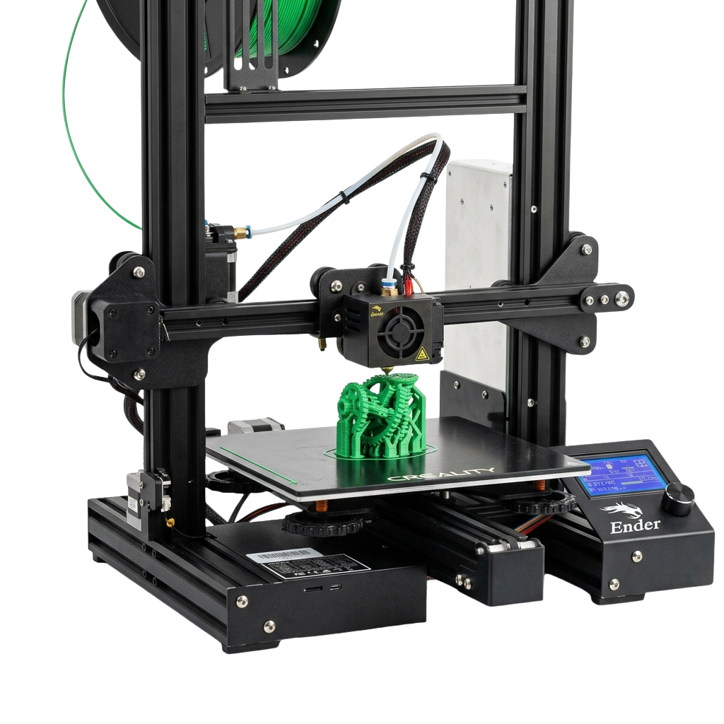 A 3D printer creating a small green plastic figurine on its build platform