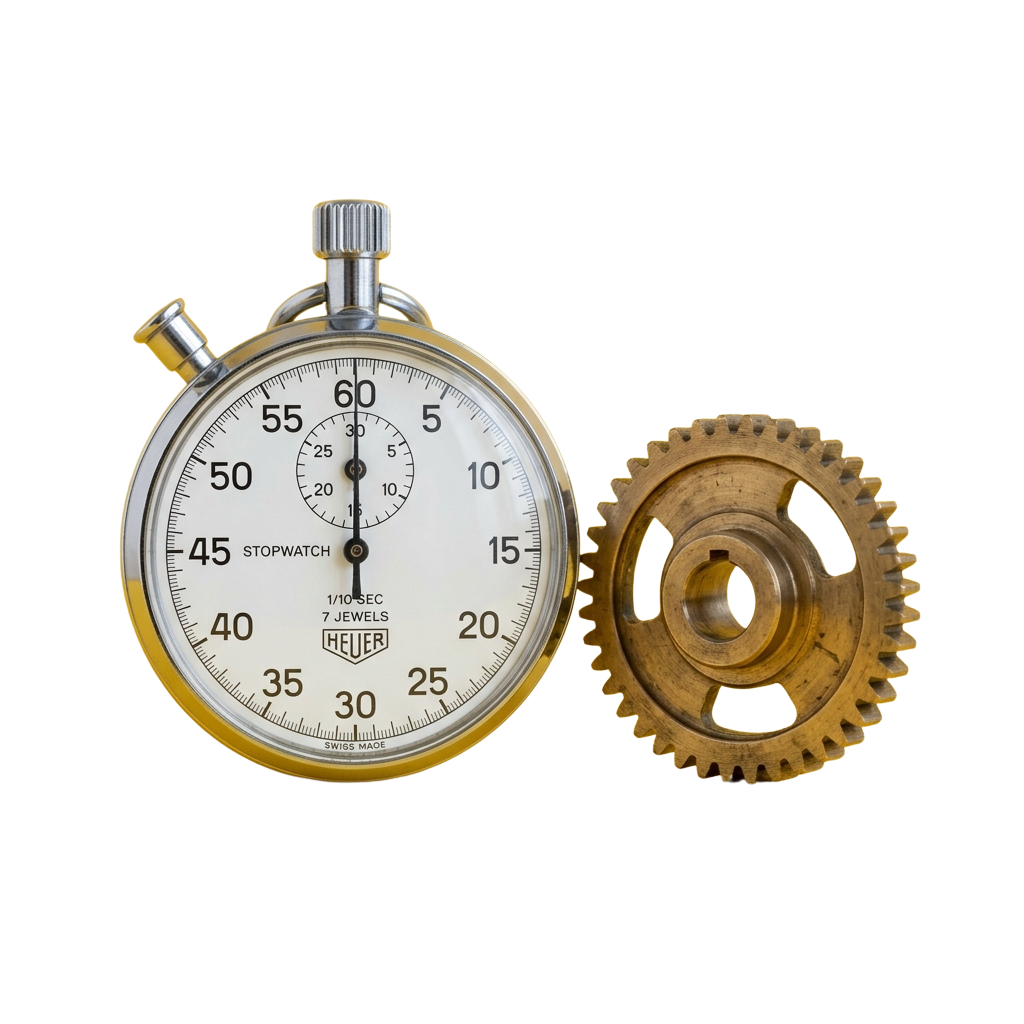 A classic stopwatch with a small gear mechanism next to it on a black background