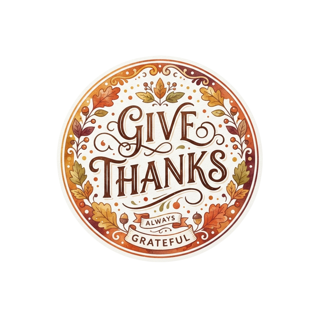 Circular graphic with Give Thanks text surrounded by autumn leaves and acorns, saying Always Grateful underneath