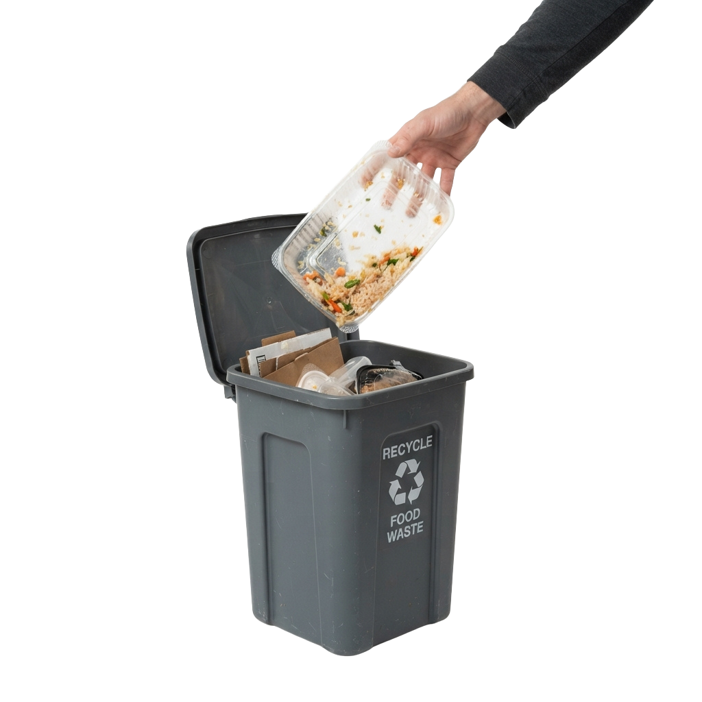 Hand placing a container of food waste into a recycling bin labeled food waste