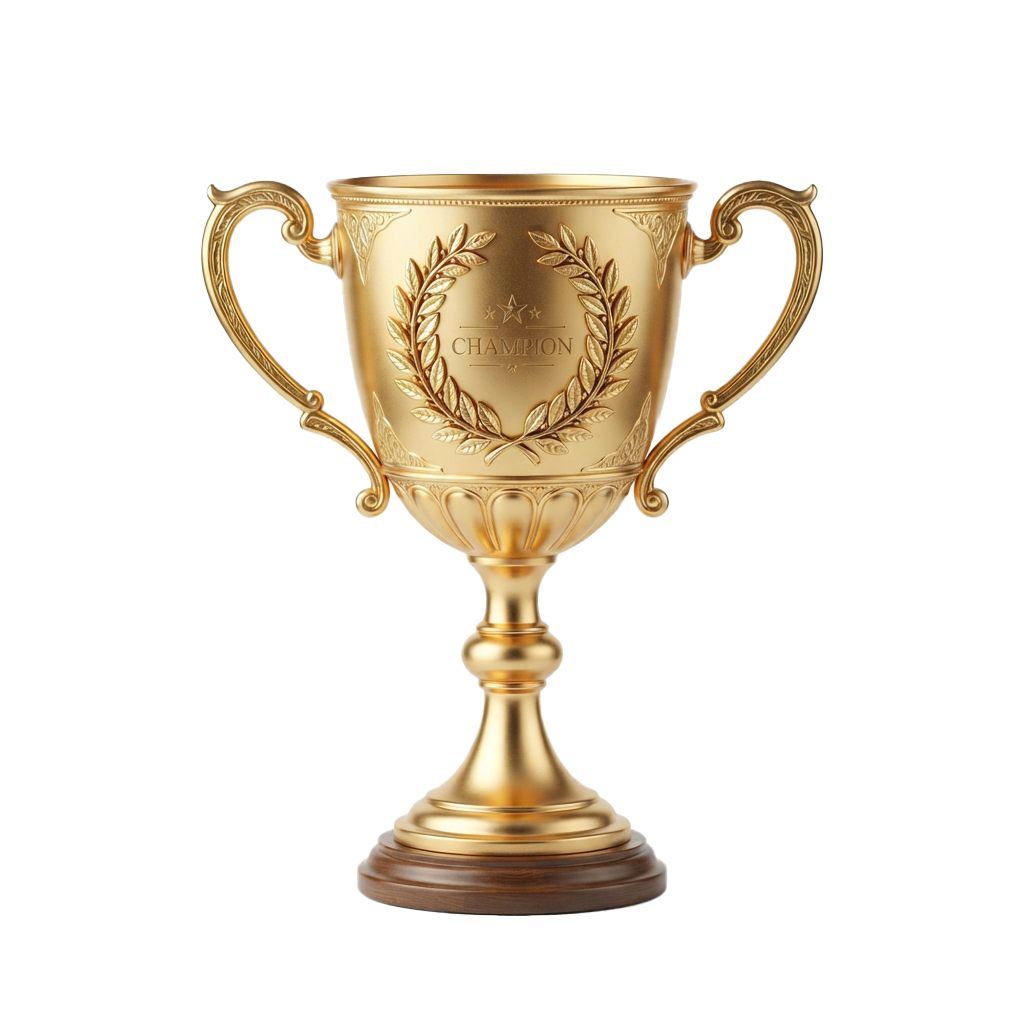 A golden trophy cup with two handles and a laurel wreath design, labeled Champion, on a dark background