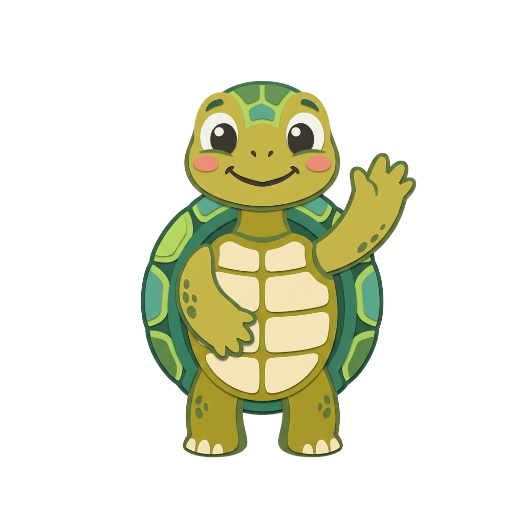 A cheerful cartoon turtle waving with a friendly smile