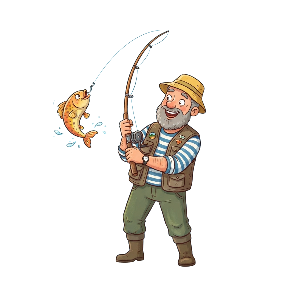 A cheerful cartoon fisherman holding a fishing rod with a caught fish leaping out of the water