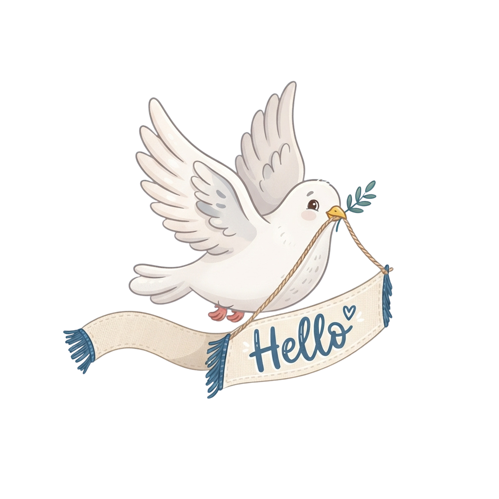 A white dove in flight holding a banner that says Hello with a small heart symbol